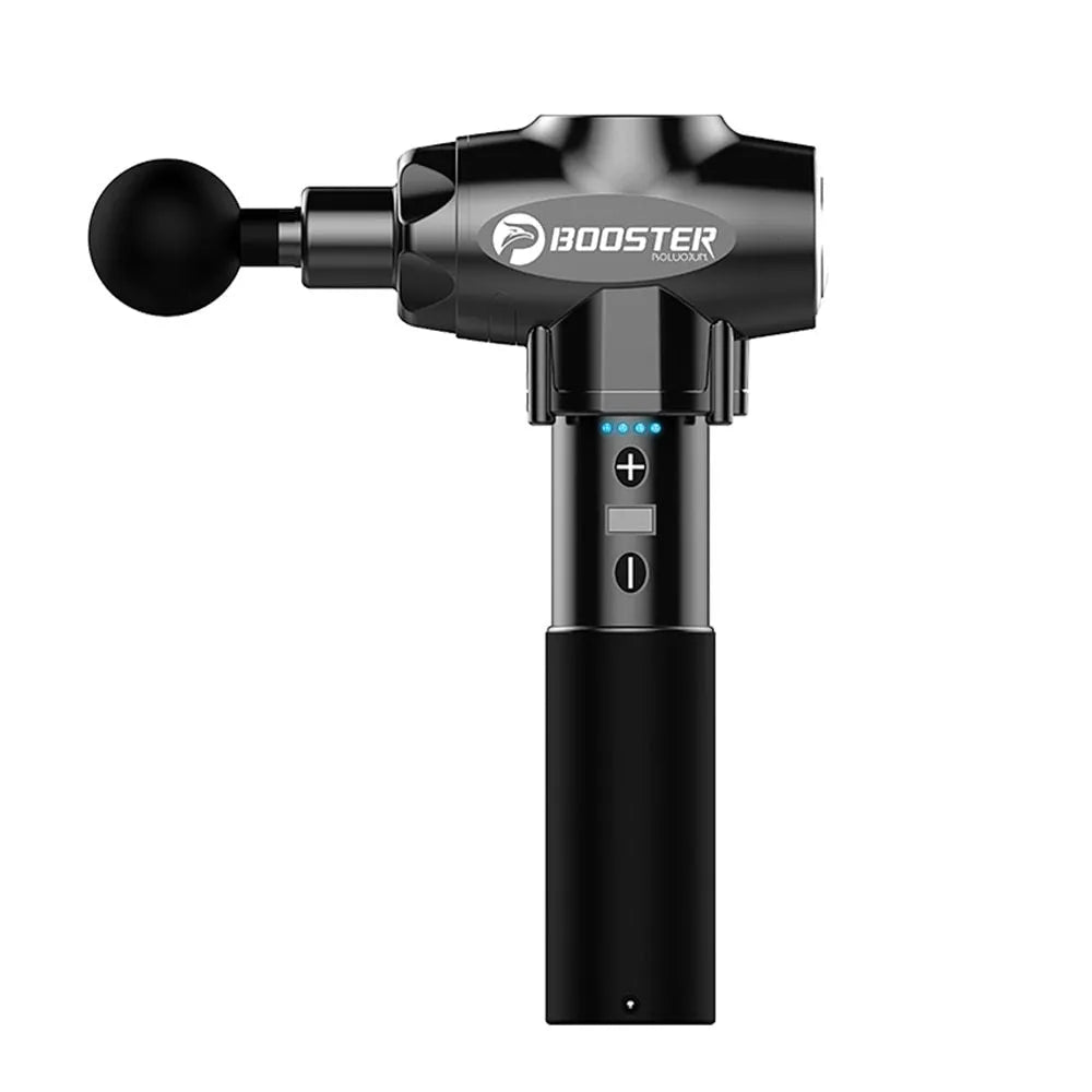 Black and white muscle massage gun with a 12mm stroke on a grey background