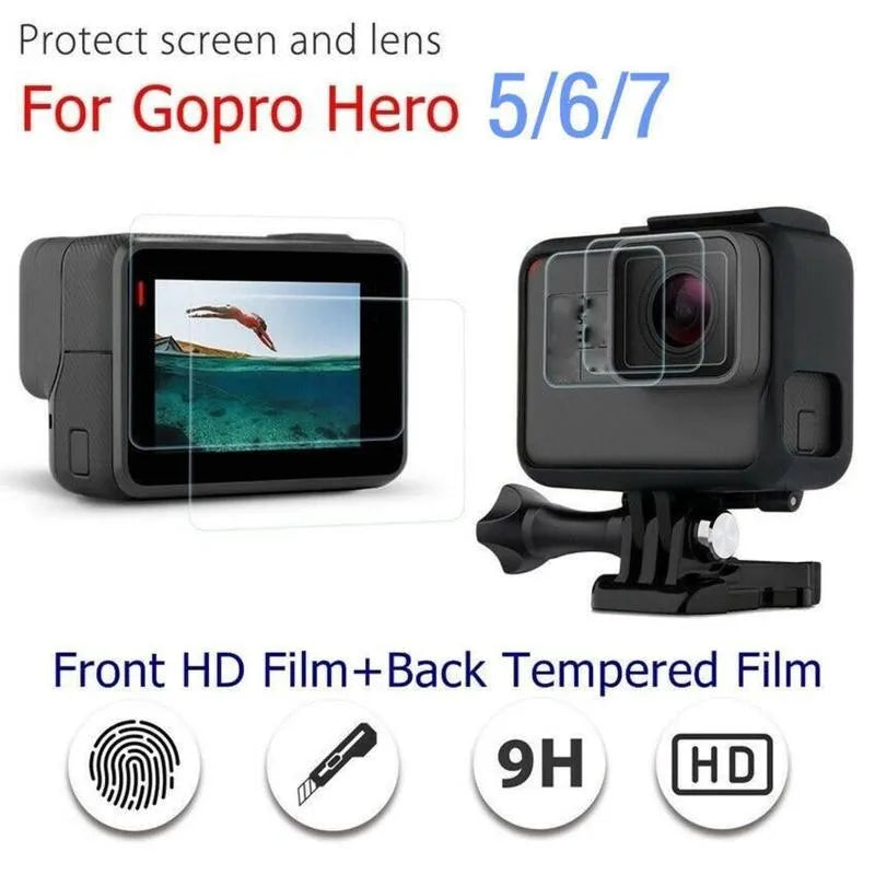 GoPro Hero action camera with transparent 9H tempered glass lens and LCD screen protectors applied.