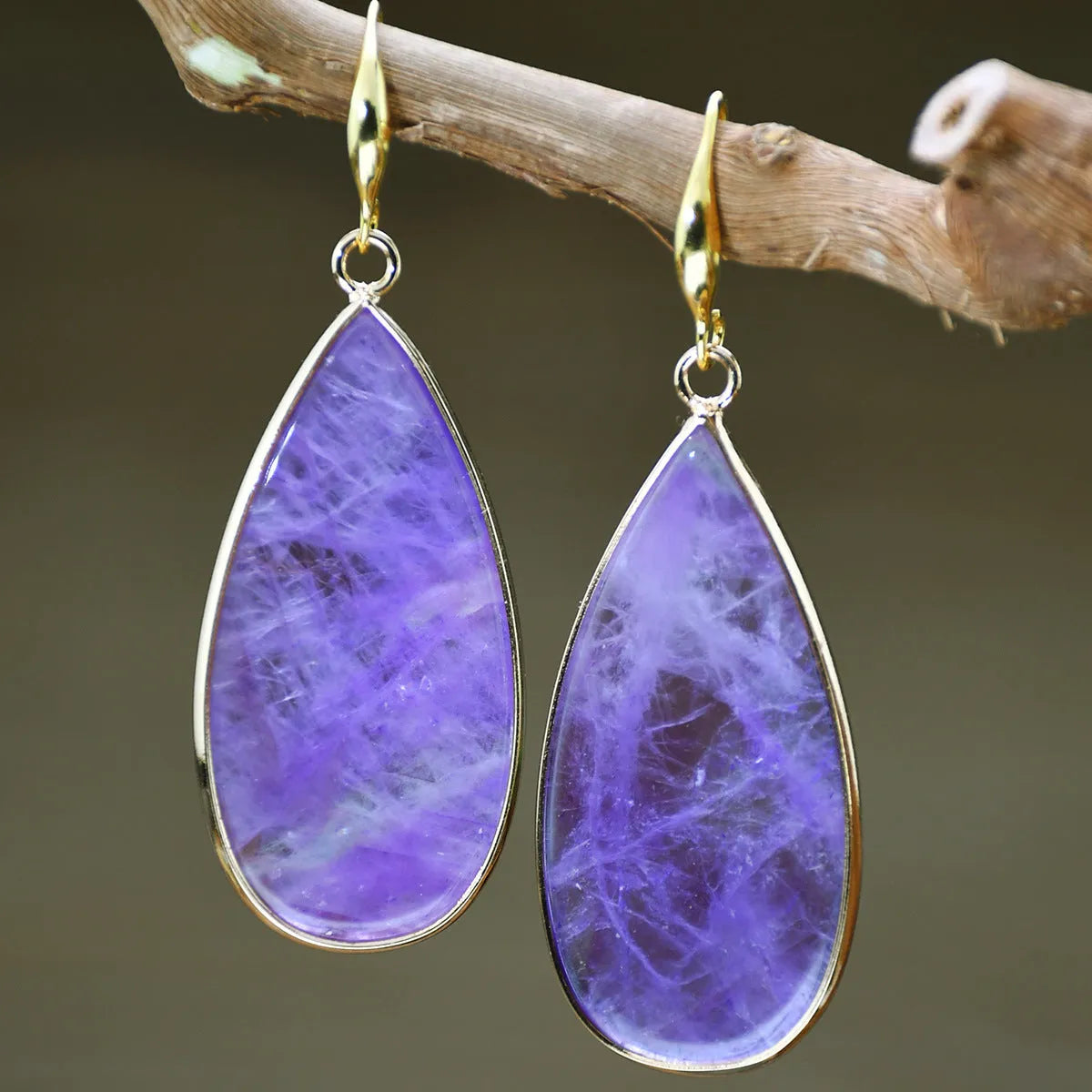 Vintage long water drop stone earrings in Tigereye, amethyst, pink crystal, Redstone and turquoise colours