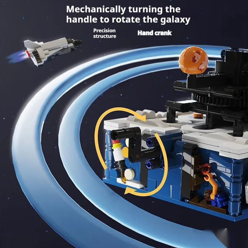 Rotating solar system model built from 775 small plastic building blocks on display