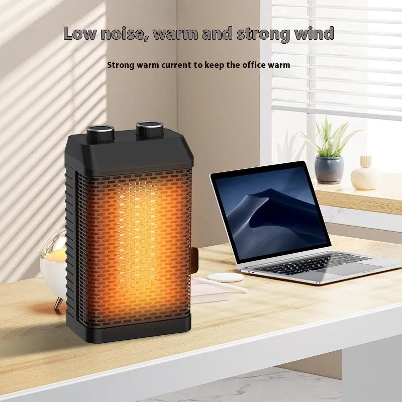 Black compact desktop heater with remote control, shaking head feature, and 3-speed fan for 11-20sqm rooms