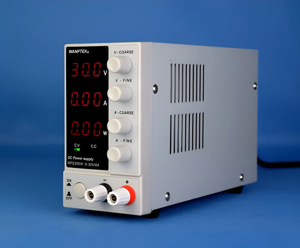 White NPS605W adjustable DC laboratory power supply with voltage and current controls for electronics repair.