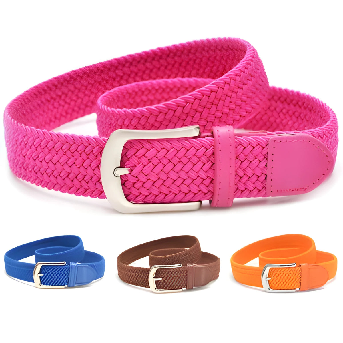 Unisex braided elasticated canvas belt in beige with alloy buckle, shown on a wooden surface