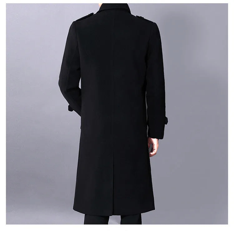 Men's black slim-fit medium-length polyester blend wool coat with pleated patch pockets