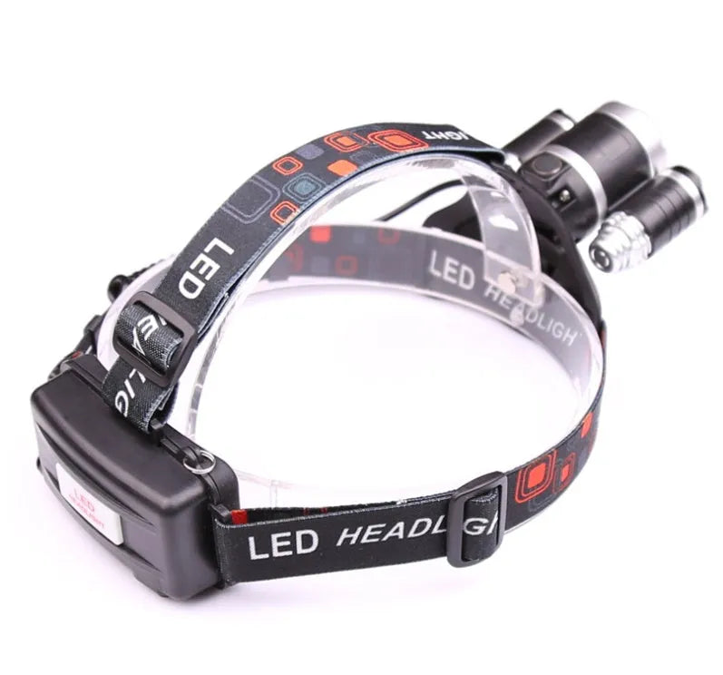 Gold or silver LED head torch with adjustable focus and head strap, shown with optional sensor switch and 18650 batteries.