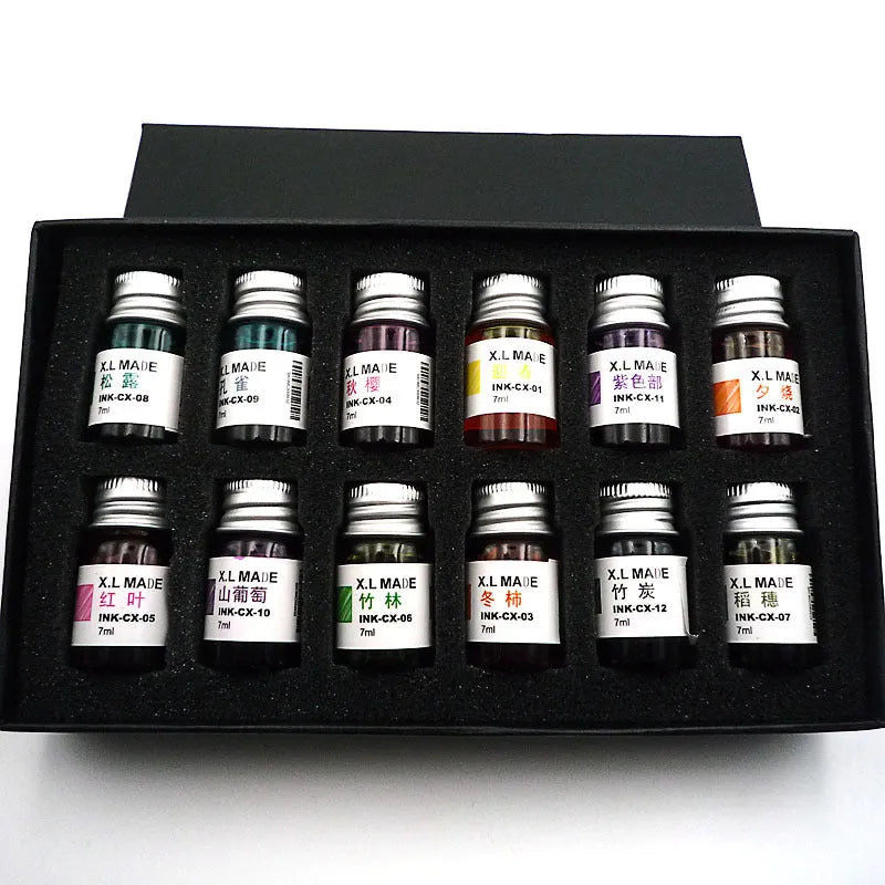 12 colour gold powder dip pen ink set in 7ml high borosilicate glass bottles in gift box
