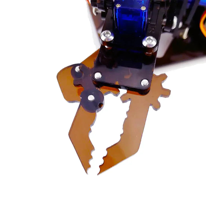 Manipulator arm electronic production parts kit with brown and royal blue brackets, dual control rocker module and SG90 steering gear