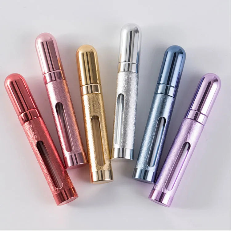 12ml aluminium travel perfume bottle with glass liner in various colours including blue, gold, pink, red, silvery, violet