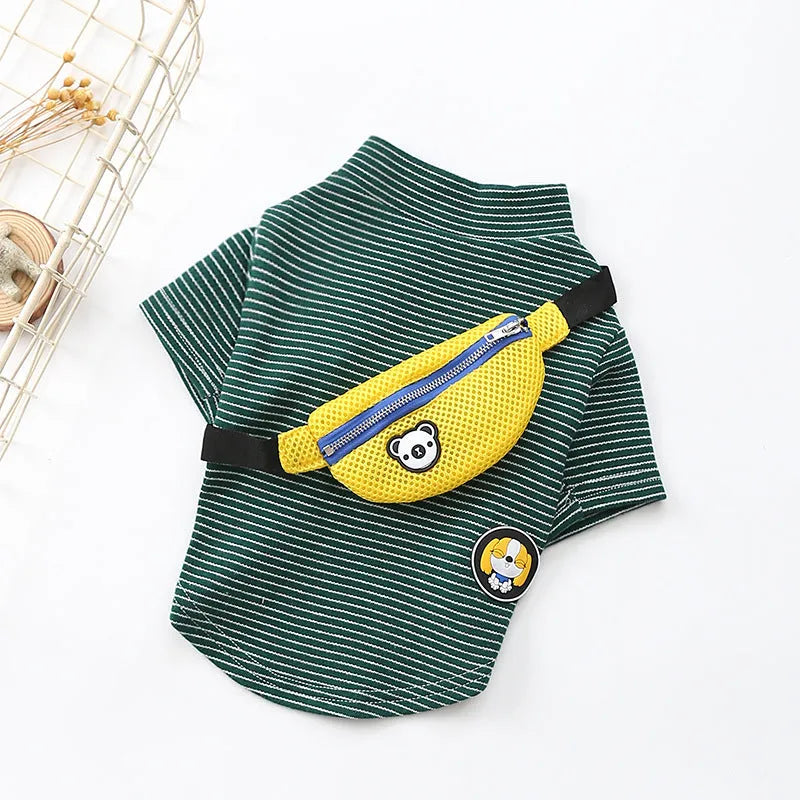 Striped green cotton dog t-shirt costume on pet with casual two-legged design