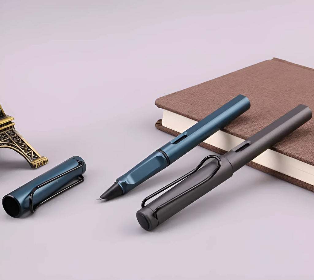 Black and blue frosted ink bag fountain pens with 0.38mm and 0.5mm nib options.