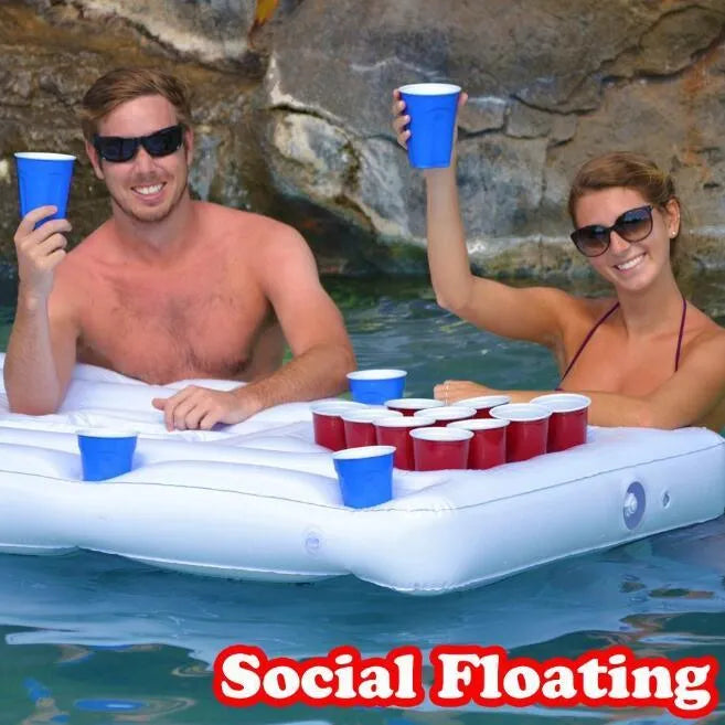 White inflatable beer pong table pool float with cup holders and built-in cooler on water surface