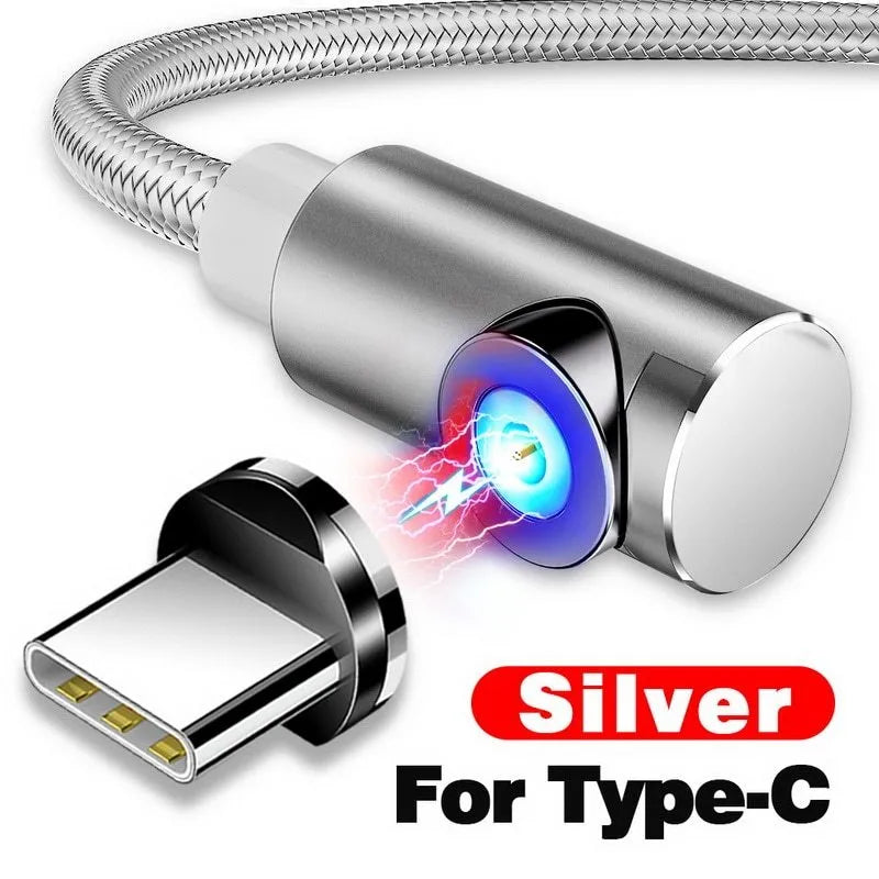 Black L-shaped magnetic charging cable with aluminium connector and LED light next to phone