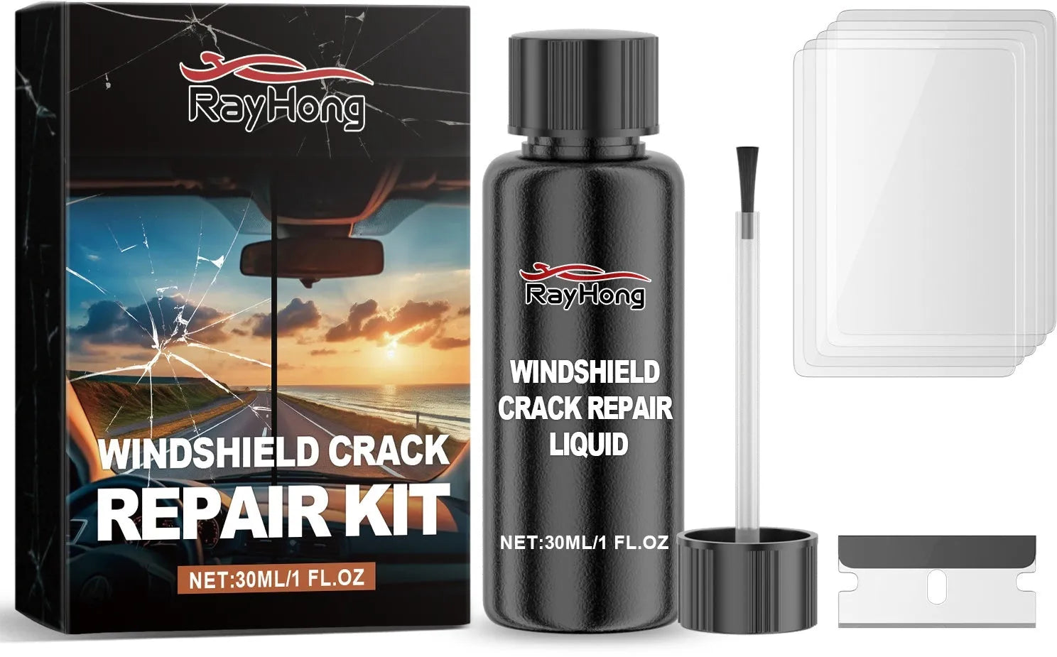 Automotive windshield repair fluid kit with 30ml bottle, blade, and curing films on a flat surface