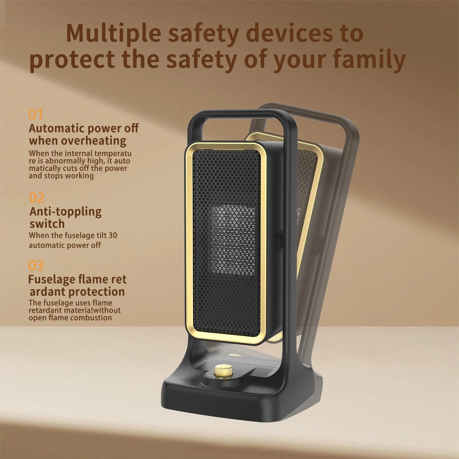 Black desktop PTC ceramic heater with knob control, measuring 14.9cm wide by 33.5cm tall