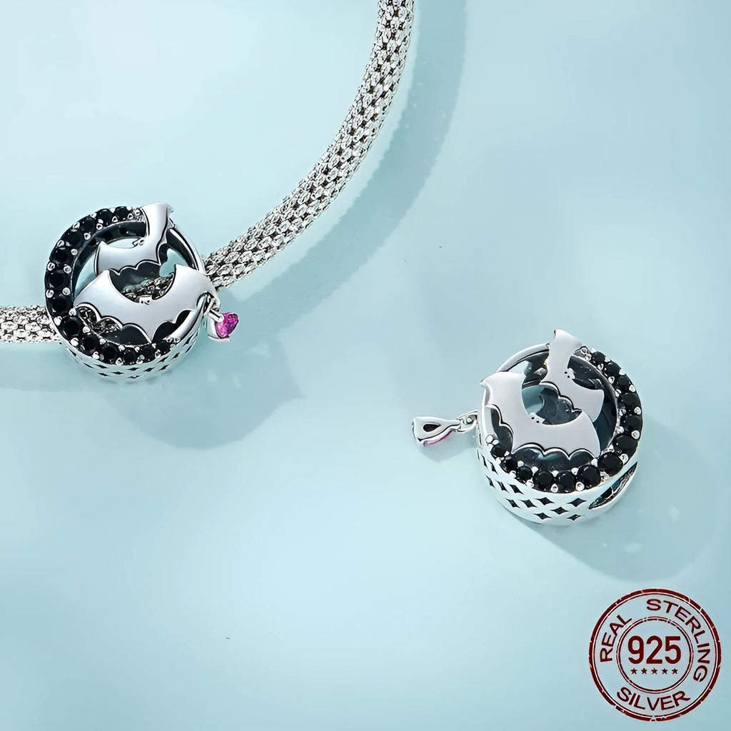 925 silver black zircon moon bead with drip oil finish approximately 1.6 by 1.3 centimetres