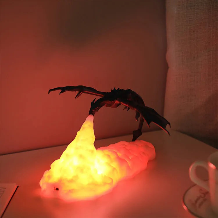3D-printed red fire-breathing dragon decorative night light on a table
