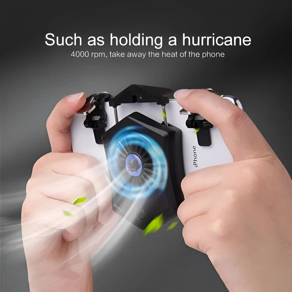 Black and white mobile phone radiator cooling fan with USB cable and adjustable mounting clips