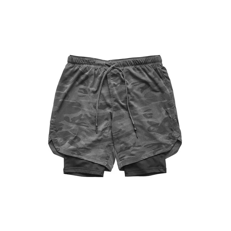 Men's 2-in-1 running shorts with quick-dry fabric, double-deck design, and multiple pockets in black