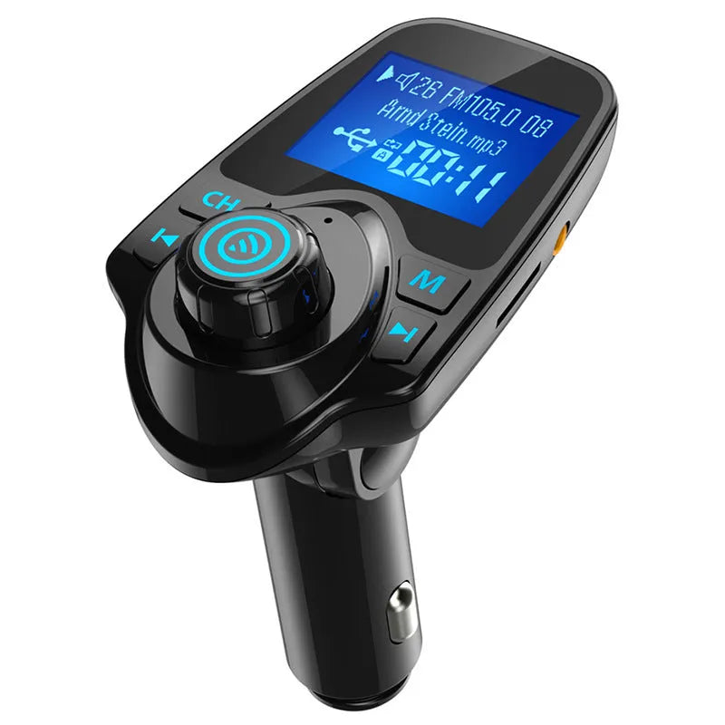 Black G7 car Bluetooth FM transmitter with USB port and TF card slot for hands-free calling and music playback