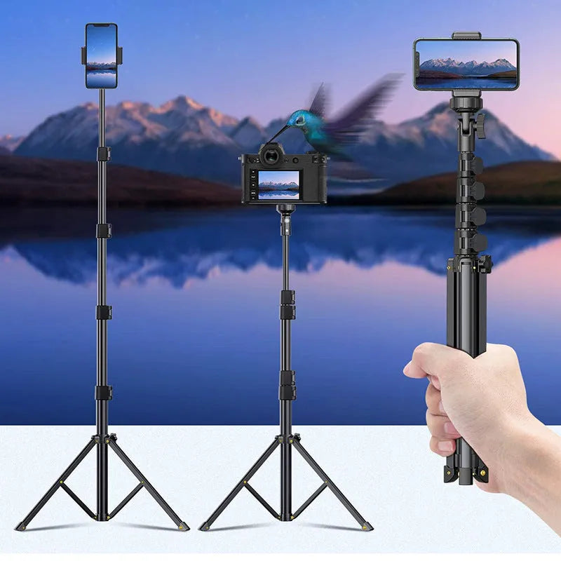 Black aluminium selfie stick tripod with 5 sections, compatible with Apple iPhones