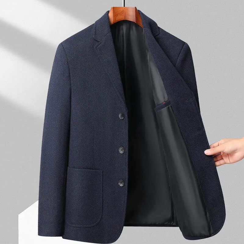 Men's loose-fit solid-colour casual coat in black, shown on a hanger.