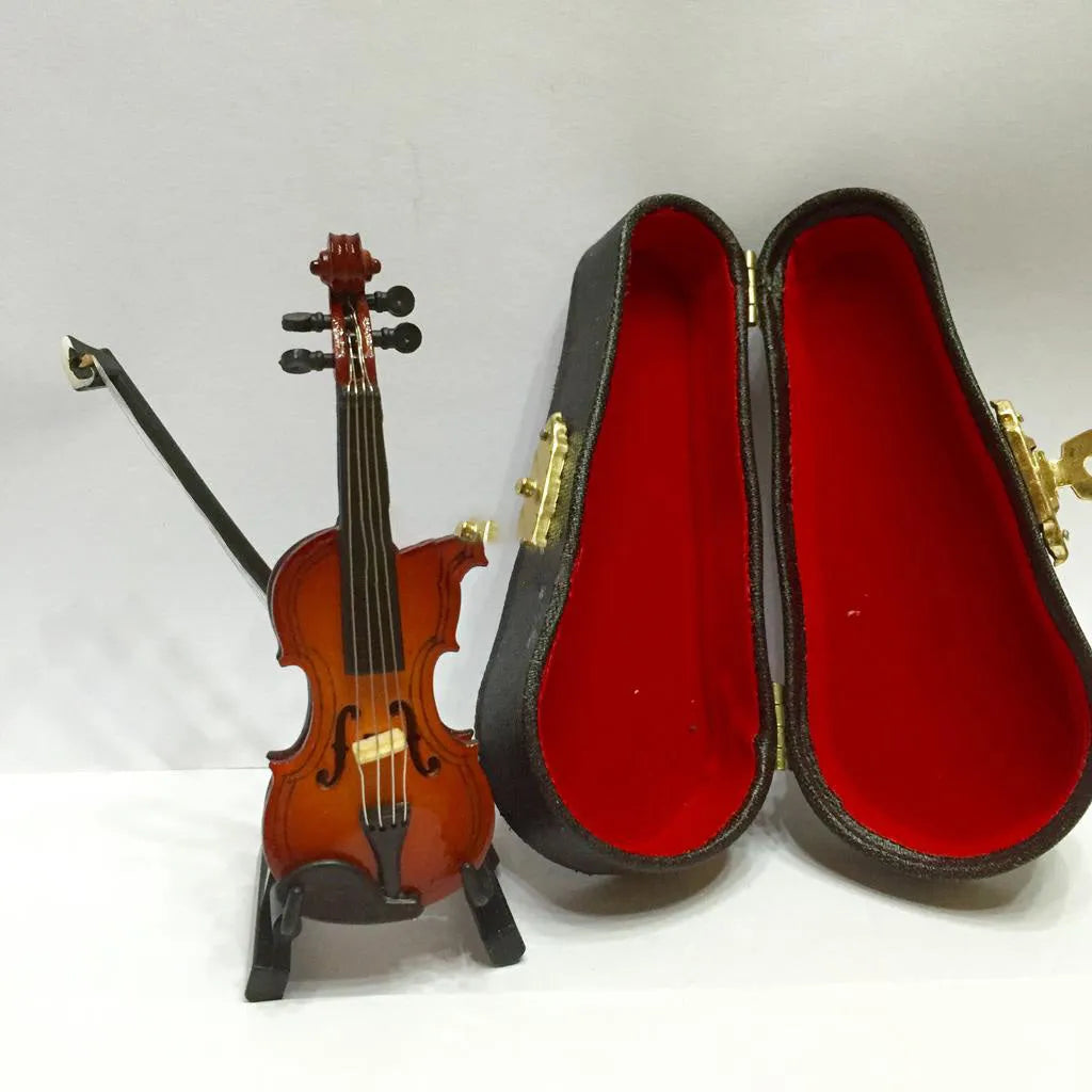 8cm handmade basswood mini violin ornament with bow, stand, and wooden box for photography and display
