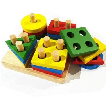 Wooden geometric puzzle toy with colourful shapes and sticks for baby and toddler educational play