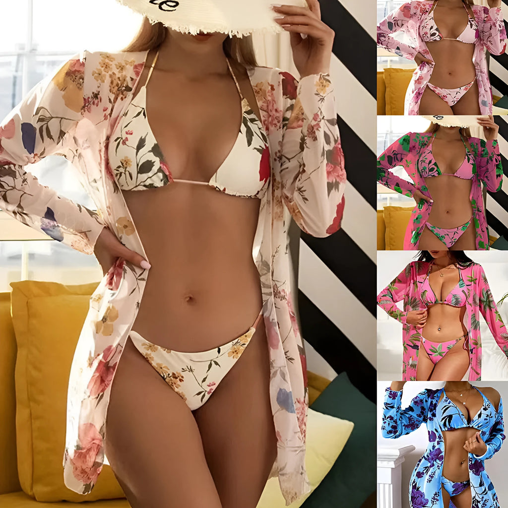 Women's three-piece swimsuit set with floral printed mesh cover-up in various colours