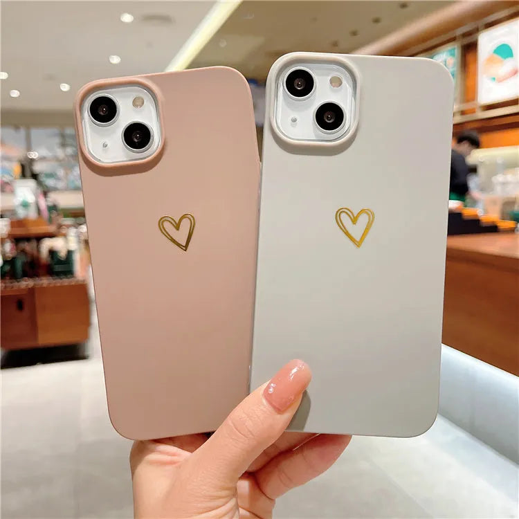 Brown silicone iPhone case with hot stamping love design on a grey background
