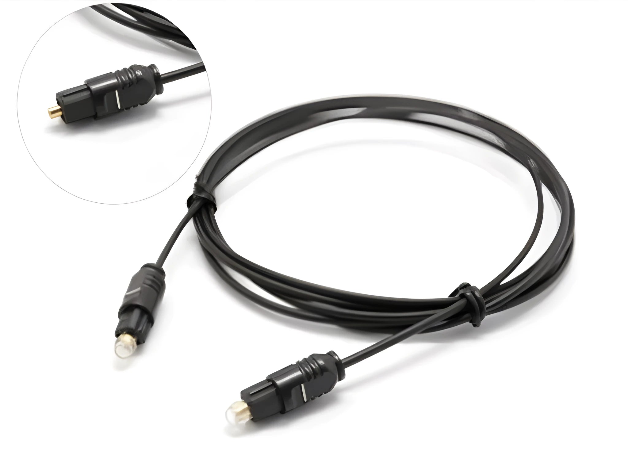 OD2.2mm digital audio fibre optical cable with TOSLINK connectors on a white background.