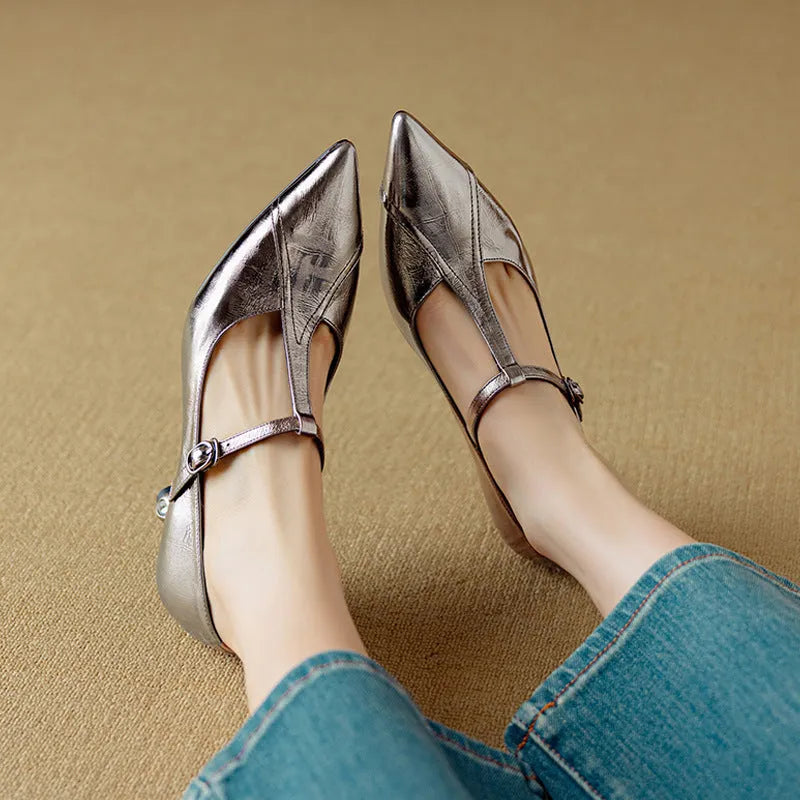 Genuine leather women's pumps with 3-5cm chunky heel in gun colour
