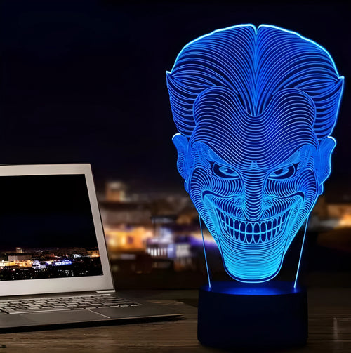 3D LED table lamp with acrylic base showing colourful gradient lighting, remote control, and USB cable