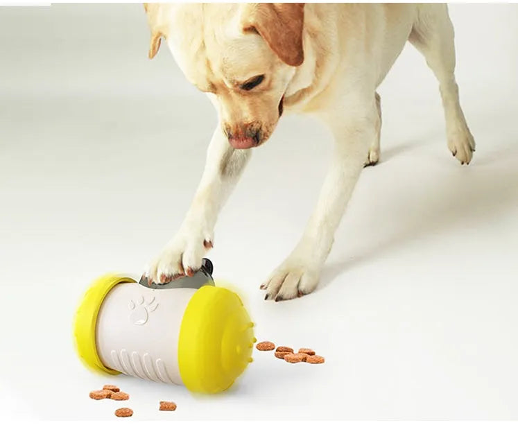 ABS dog treat leaking toy with wheel and quacking sound, available in blue, pink, green, yellow, and black