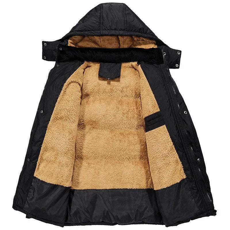 Black men's loose fit velvet padded jacket with double breasted front and attached hood