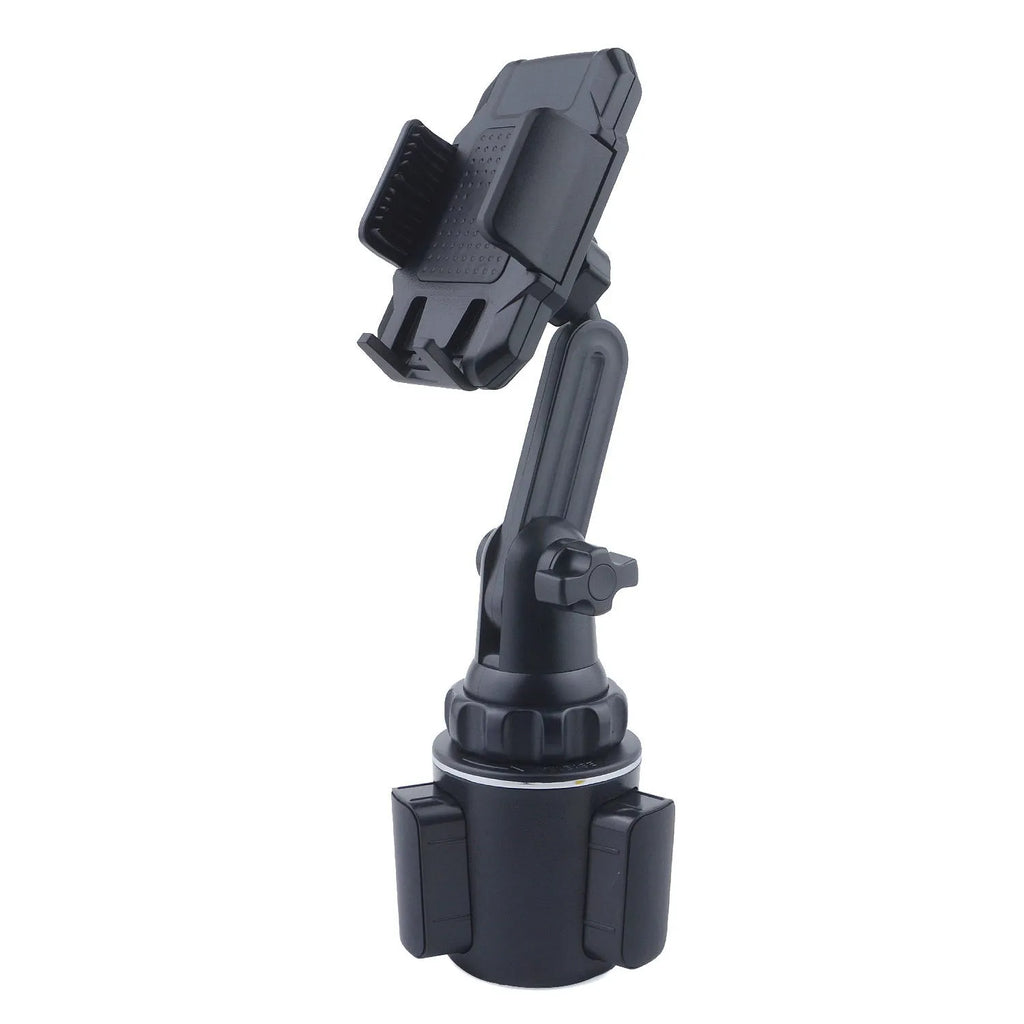 Black ABS car cup holder phone mount with 360° rotation, adjustable height and foam contact pad