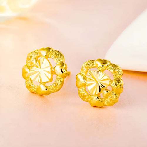 24K gold plated copper flower ear studs for women, bright gold finish