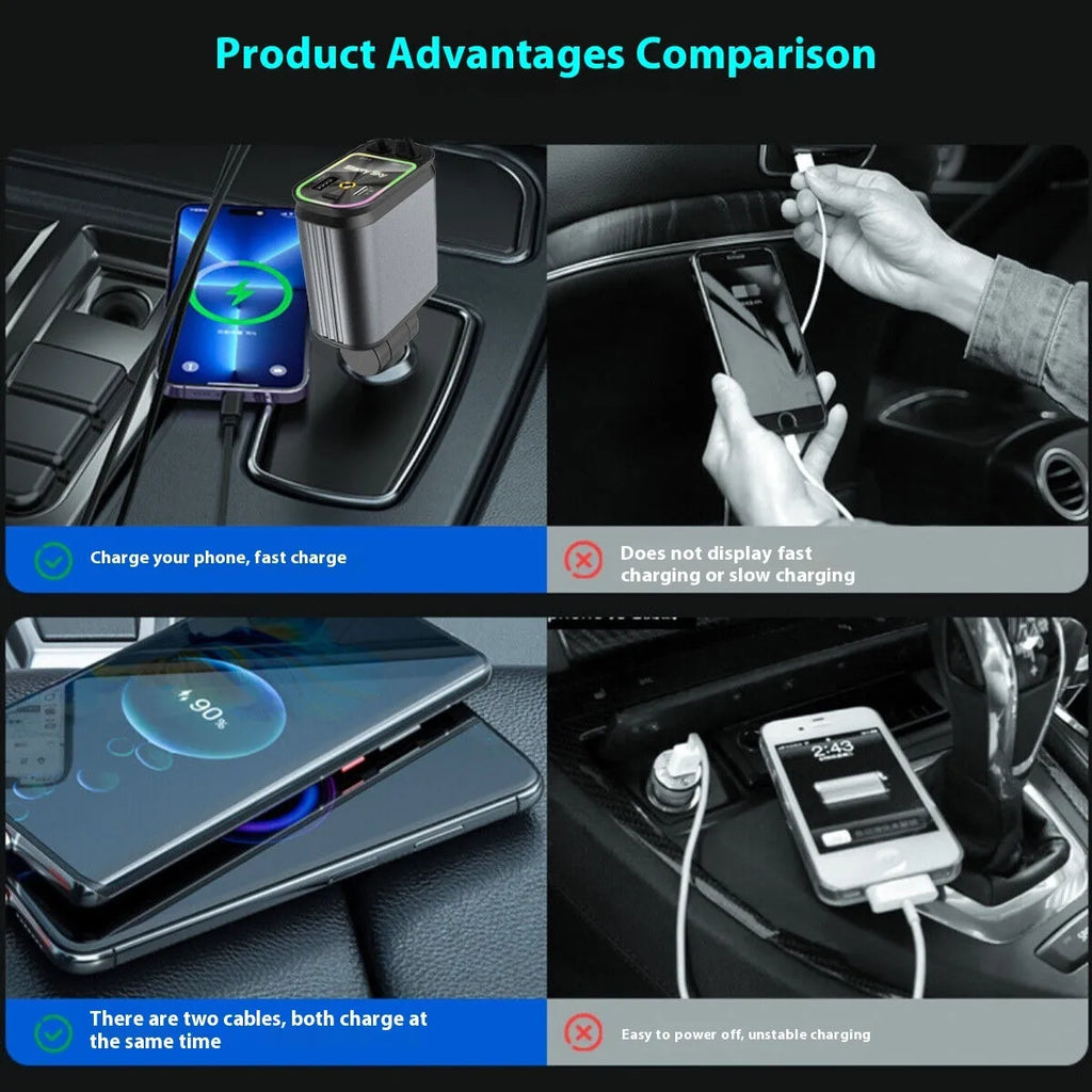 120W four-in-one telescopic car charger with starry sky spotlight and 80cm retractable cable