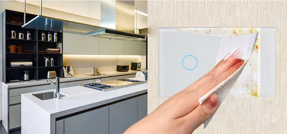 White RF wireless 2-gang touch wall switch with tempered glass panel and LED indicators