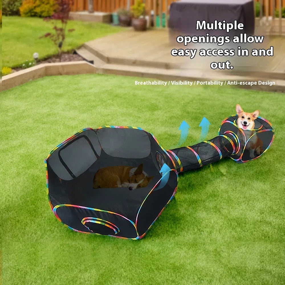 Foldable mesh cat roll cage pet toy shown in hexagonal, tee, tent, long straight and square model designs.