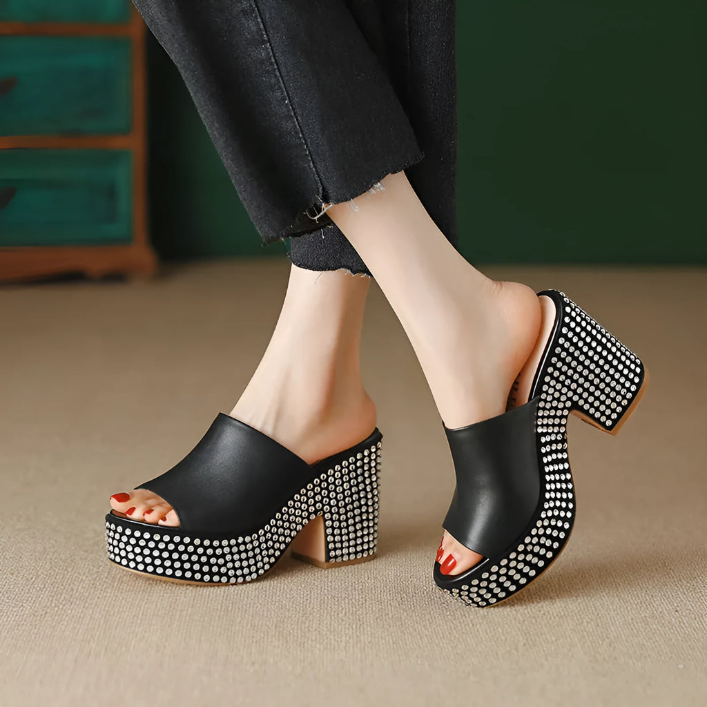 Black women's platform sandals with chunky heel, round toe, and Czech diamond leather upper
