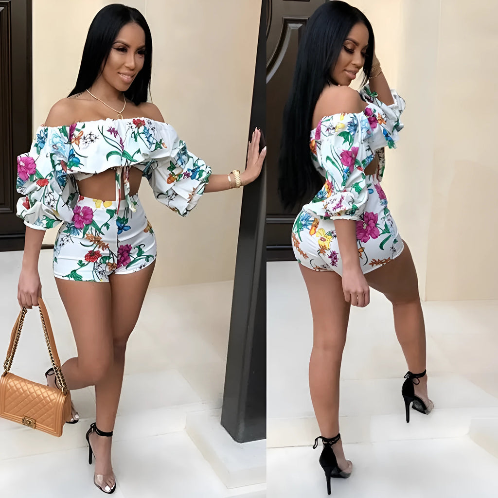 Women's two-piece lounge set with digital print pattern and fuzzy long sleeves with matching shorts