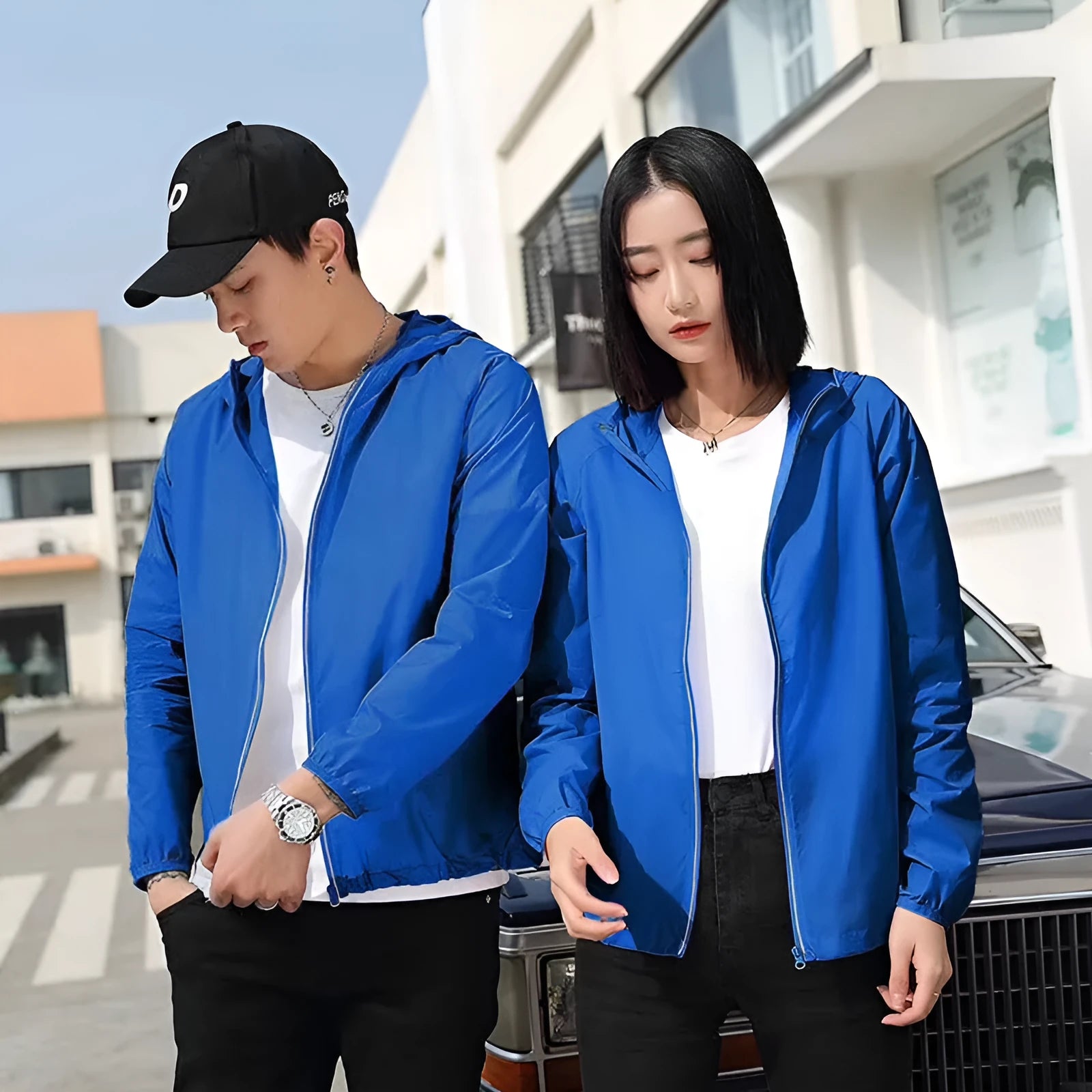 Sun protection shell jacket for women and men in solid colour, hooded nylon quick-dry waterproof windproof reflective outdoor coat