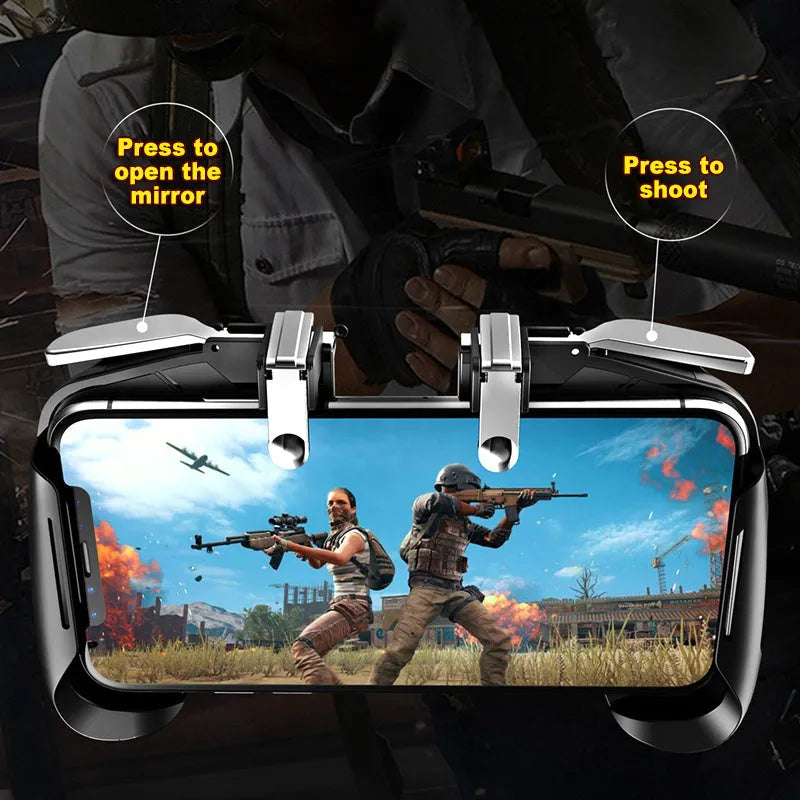 Multifunctional mobile game handle in black, blue, and white colour options on a smartphone