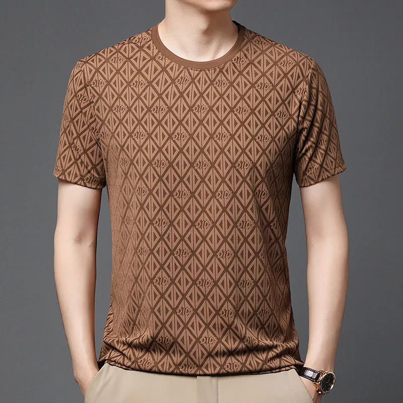 Men's loose fit jacquard short sleeve t-shirt in ice silk fabric, showing round neck and solid colour.
