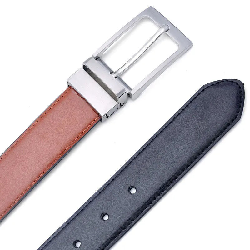 Men's dark brown and black leather belt with a silver alloy rotating pin buckle.