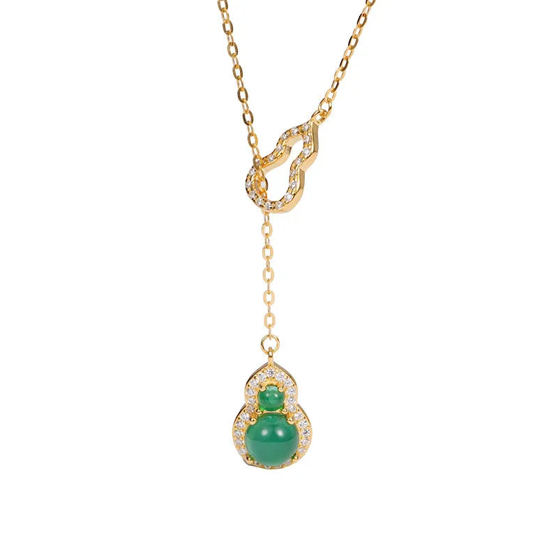 925 silver double gourd jade necklace with O-link chain and electroplated finish, 41-50cm
