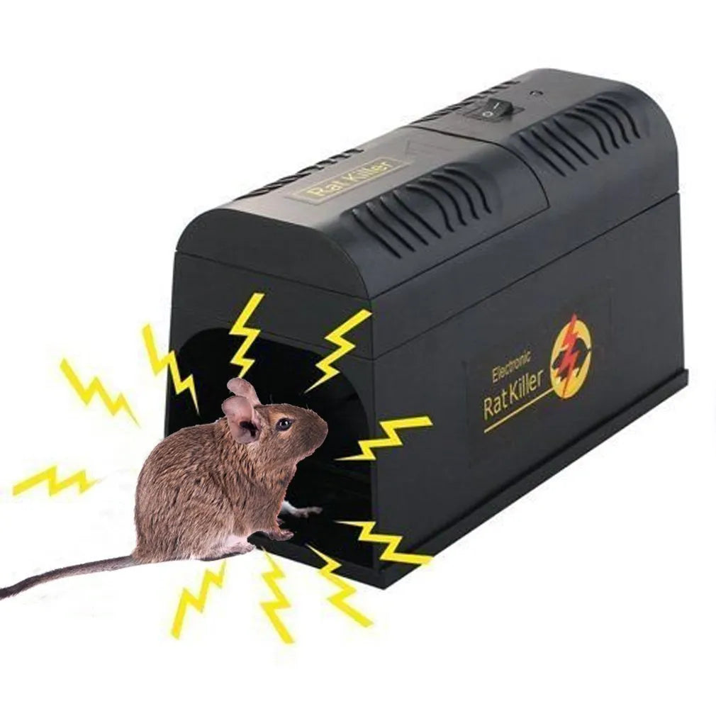 Indoor high-voltage mouse repellent device in black with UK plug, measuring 208x115x75mm