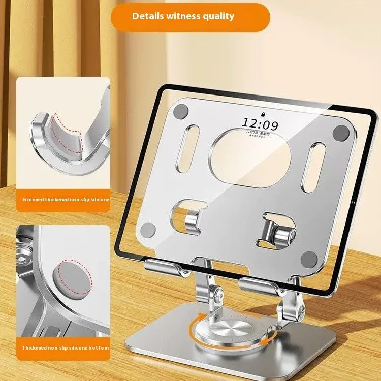 360-degree rotating aluminium alloy desktop folding tablet stand in silver on a desk
