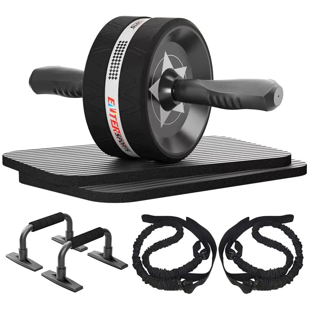 Push-up bracket fitness equipment set with seven abdominal wheels in red, green, black, and blue colour options
