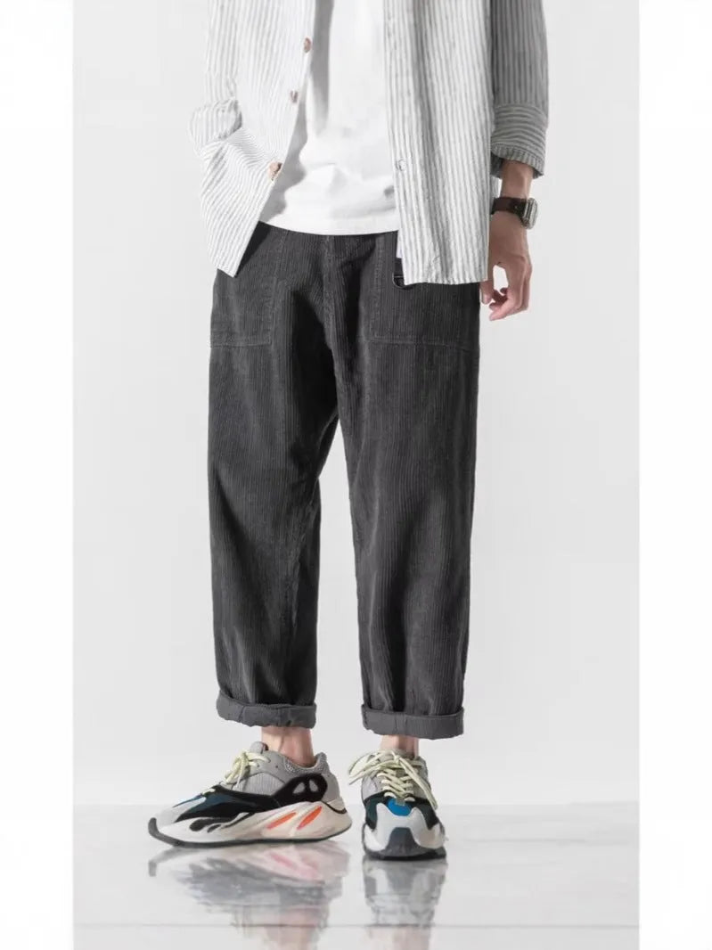 Loose straight tapered pants for men in dark gray, wide leg style, chemical fibre blend